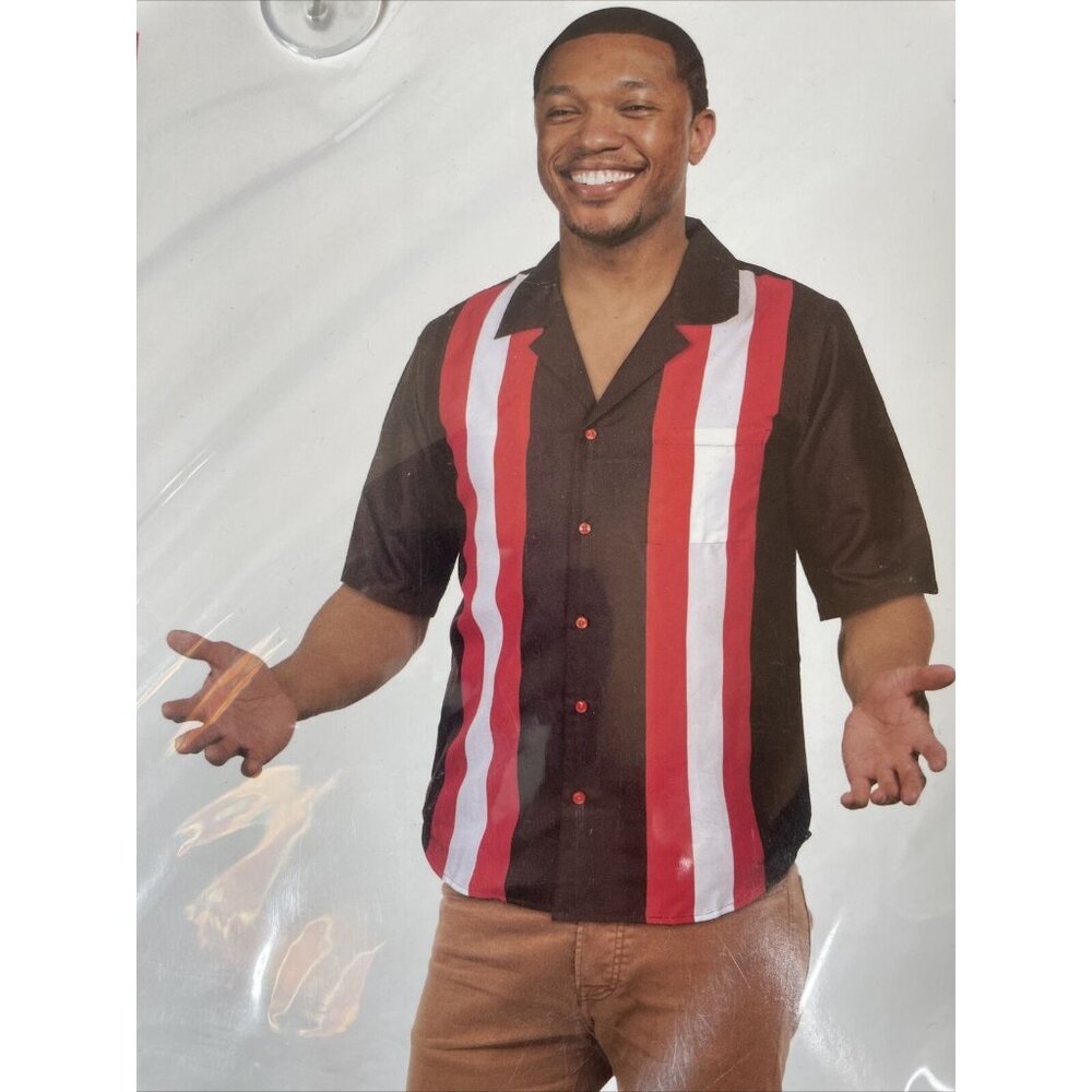 50s Retro Bowling Shirt Black Red White Stripe Black Men's Adult Size Large